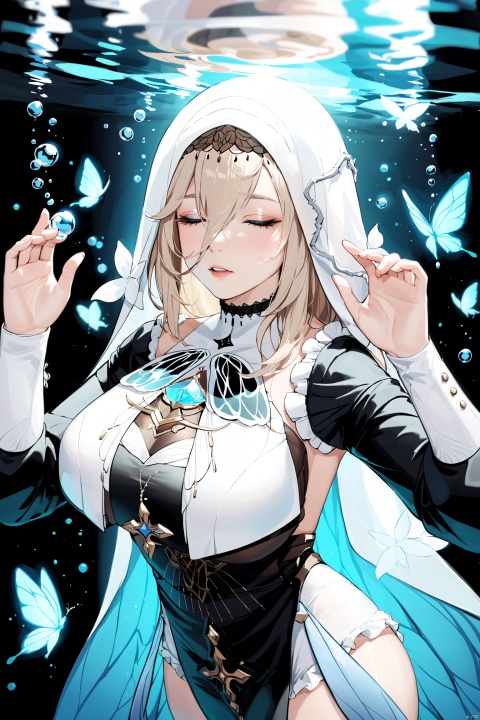  masterpiece, best quality,8K,detailed,(good hands:0.5),
(aponia, nun, def clothe), 1girl, breasts, bangs,blue eyes,long hair, hair between eyes, blue butterfly, longsleeves,veil, solo, closed eyes, underwater, fish,air bubble, bubble, breasts,  parted lips, submerged, cowboy shot, star \(symbol\), hands up,lnt, def clothe, 
