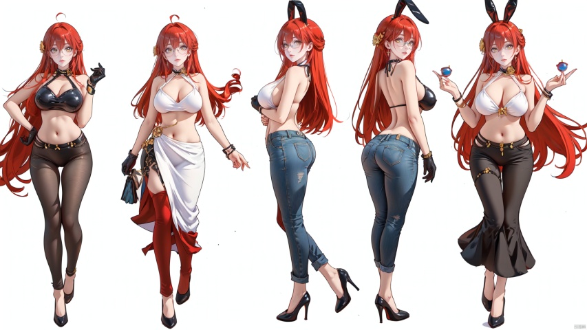  8k, best quality, masterpiece, (ultra-detailed:1.1), (high detailed skin),
(full body:1.3),
////////////////////////
jizi,1girl,red hair,yellow eyes,long hair,bangs,breasts,
///////////////////////////////
clothesviews,Differentclothes,Dress-updisplay,multipleviews,bikini,maid,t-shirt,blue_jeans,glasses,bunny_suit ,white background, simple background,
\\\\\\\\\\\\\\\\\\\\\\
(beautiful_face), ((intricate_detail)), clear face,
((finely_detailed)), fine_fabric_emphasis,
((glossy)), full_shot, Anime, melowh, Art style, fantasy