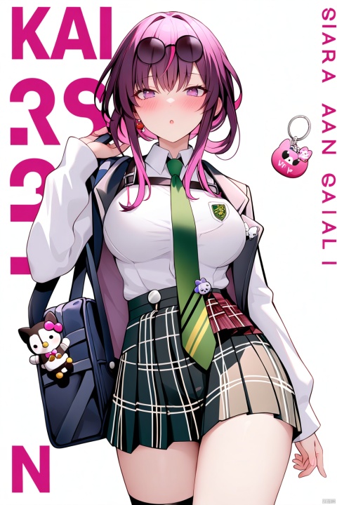  nai3,masterpiece, best quality,1girl, alternate costume, solo, bag, looking at viewer, blush, plaid, charm (object), bag charm, bangs, contemporary, sidelocks, jewelry, character name, female woman, white background, \\\\\\\\\ nai3, masterpiece, best quality,1girl, school uniform, alternate costume, solo, skirt, bag, necktie, multicolored hair, looking at viewer, blush, plaid skirt, school bag, plaid, charm (object), bag charm, sidelocks, jewelry, pleated skirt, green skirt, white shirt, green necktie, collared shirt, character name, female child, white background,school_uniform,school_girl,school_uniforms, \\\\\\\\\\\, 

kafuka, 1girl,   purple hair, sunglasses, eyewear on head, large breasts,  boot,bangs,  purple eyes, 