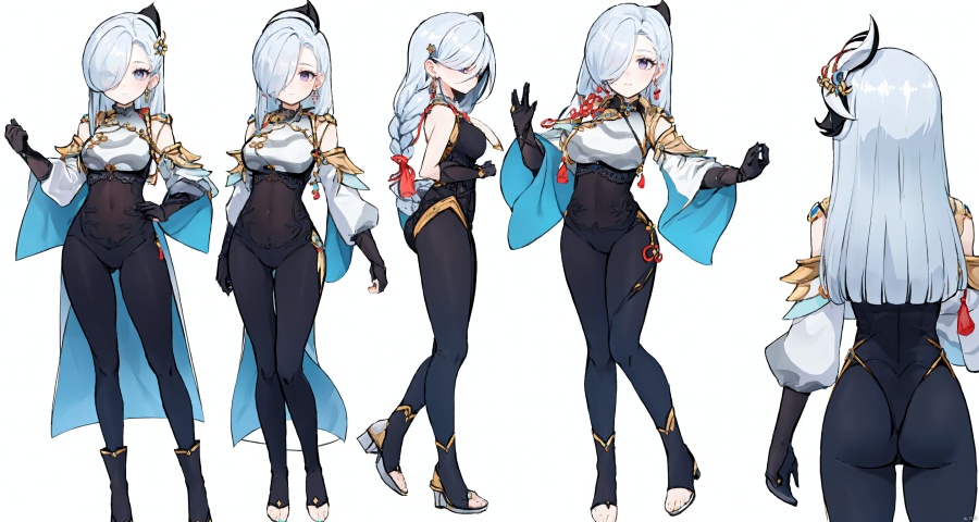  8k, best quality, masterpiece, (ultra-detailed:1.1), (high detailed skin),
,\\\\\\\\\\\\\\\\\\\\\
shenhe,shenhe \(genshin impact\), silver long hair, hair ornament,bodysuit,breasts contain,blue eyes, braid, earrings, gloves, hair ornament, (hair over one eye:1.2), jewelry, long hair,medium breasts,navel,
\\\\\\\\\\\\\\\\\\\\\\\ 
, clothesviews, Different clothes, Dress-up display, multiple views, looking_at_viewer,full body, back ,white background, simple background, 
, shenhe