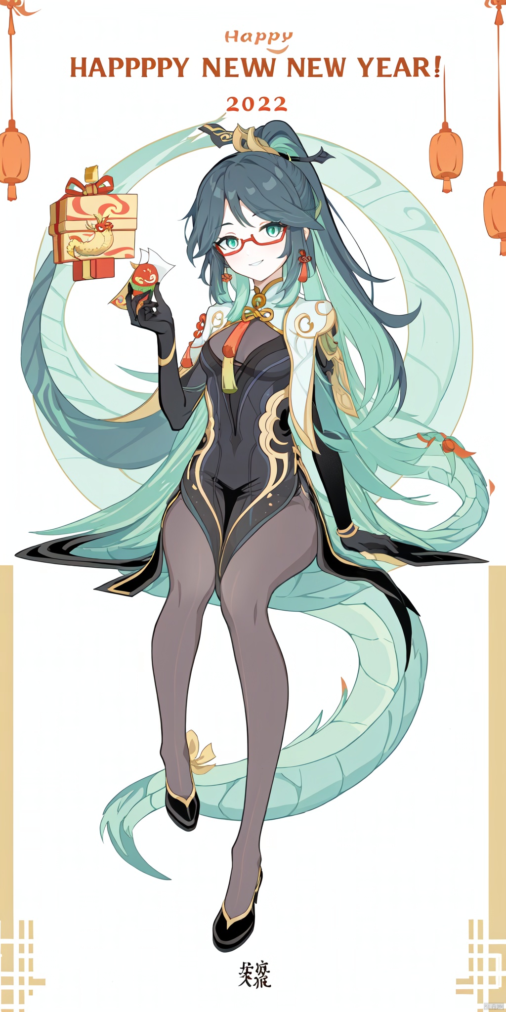  {artist:rella}, {artist:ask(askzy)},[artist:ningen_mame],artist:ciloranko, [artist:rei(sanbonzakura)],(hyper cute girl:1.1025), (flat color, vector art:1.3401), Chinese dragon theme, beautiful detailed eyes, hyper-detailed, hyper quality, eye-beautifully color, face, (her hair is shaped like a Chinese dragon, Chinese dragon, hair, Chinese dragon:1.2763), (1girl:1.2155), (high details, high quality:1.1576), (backlight:1.1576), high quality, (title:happy new year 2024:1.3), (cover design:1.2), simple background, cover art, trim, album_art, 
/, /, /, /, /, /, /, 
1girl, (chibi), xianyun, 1girl, chinese clothes, (ponytail, hair stick,hair ornament), glasses, jewelry, earrings, multicolored hair, black hair, dress, standing, gloves, green hair, red-framed eyewear, black pantyhose,
/, /, /, /, 
(((holding a little Chinese dragon))), (((sitting, Chinese dragon on legs))), [[smile]], large breast, dragon, (((Chinese dragon print))), (Loong:1.2), pajamas, kimono, bare shoulders, 
/, /, /, /, /, /, 
Chinese text,red_bandeau,year of the loong,loong pattern,lantern, red background, ((simple background)), ((happy new year 2024, new year theme, new year, 2024, gift box,)), (red decorations on dragon), ((Chinese new year)), Chinese knot, red ornaments, spring festival, 
/, /, /, /, /, /, /, 
hair with body, CTA dress, CAY leg, Loong hands, body with Loong, dress with Loong, light particles, (Hair with Loong:1.2155), small breast with Loong, 1girl, small breast, marbling with hair and clothes, (original:1.1025), (arm down:1.1025), (paper cutting:1.1025), 
------, 
Low saturation, grand masterpiece, Perfect composition, film light, light art
