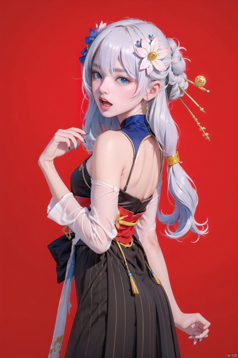  (masterpiece, best quality),a girl, solo, open mouth,  hair between eyes, looking at viewer, upper body, hand up, falling petals, depth of field, strong bloom, red background
lange, theresa apocalypse, 1girl, hair ornament, hair flower, blue eyes, white hair, flower, simple background, dress, full body, chinese clothes, closed mouth, looking at viewer, bangs, bare shoulders, blue flower,skirt, little girl,9 years old