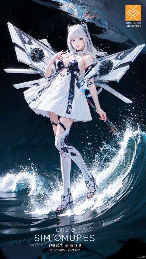  simple_blue_background, golden and white theme, Sense of coordination, sense of order, mathematics beauty, (((cover design))), (((((cover art))))), ((trim)), album_art, official art, (Master's work), full body, ( closeup, 1girl,solo:1.2), 
white dress,tianqi,white mechanical wings,blue eyes,long hair,white hair,breasts,bare shoulders,animalears,boots,bangs,
cloud, sky, summer, water patterns, white geometry, colorful geometry, reflection, crystal_art, pattern_design, creative, Mystery pattern, colorful crystal decorate, blue crystal, (architectural art), ((geometric art)), pattern design, creative, shine, dream, 
swimming in ocean, happy summer, beach, sandals, waves, 
------, 
Low saturation, grand masterpiece, Perfect composition, film light, light art, beautiful face