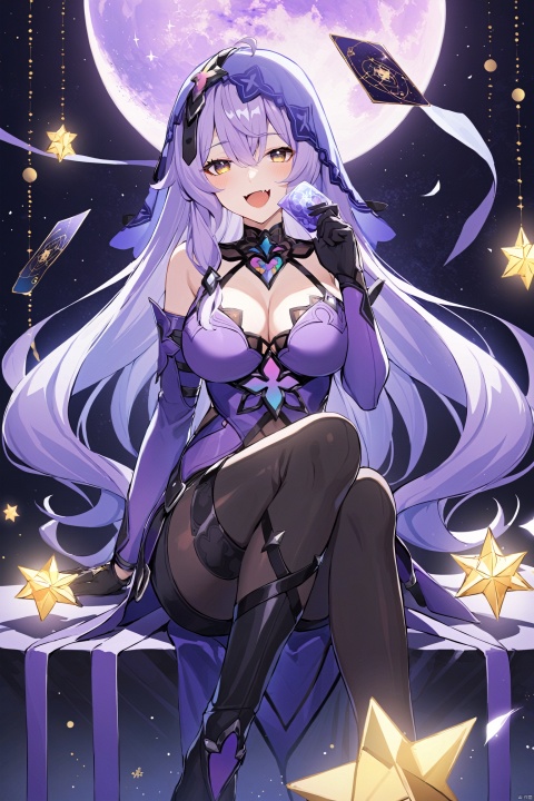  nai3, 1girl, solo, ahoge, virtual youtuber, , flower, looking at viewer, sitting, open mouth, smile,bangs,between legs, :d, hand between legs, purple background, fang, feet out of frame,haoche\\\\\\\\\\\\\\stars,moon,cards,floating things,

hte,1girl,long hair,boots,purple hair,black gloves,veil,cleavage,pantyhose,large breasts,shorts,yellow eyes, figure