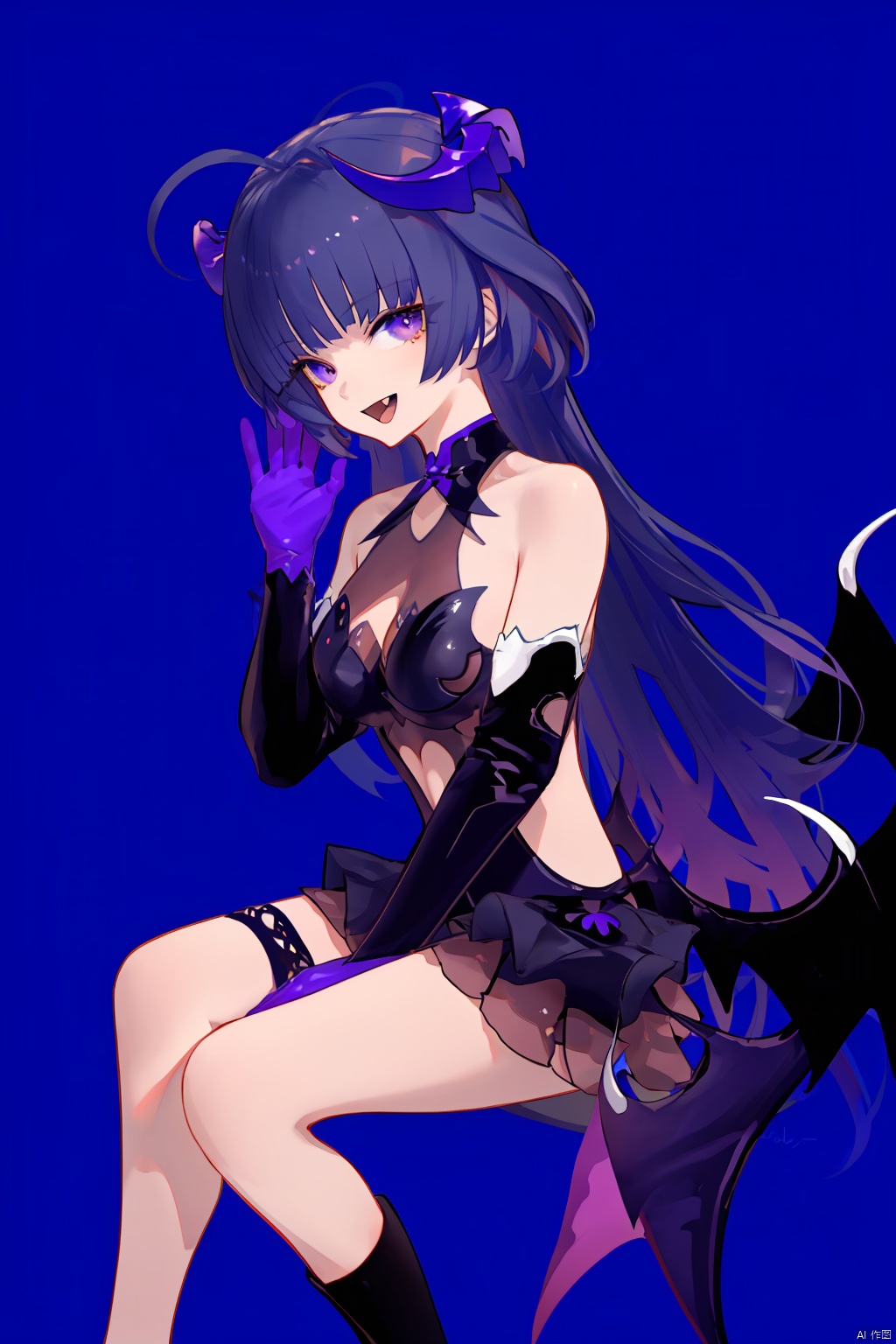  nai3, 1girl, solo, ahoge, virtual youtuber, , flower, looking at viewer, sitting, open mouth, smile,bangs,between legs, :d, hand between legs, blue background, fang, feet out of frame,haoche,violet,
\\\\\\\\\\\\\\
meimo, succubus, 1girl, gloves, raiden mei, elbow gloves, long hair, bangs, (single thighhigh:1.2), bare shoulders, breasts, purple gloves, boots, succubus wings, demon girl,