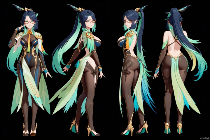  8k, best quality, masterpiece, (ultra-detailed:1.1), (high detailed skin),
(full body),
,,
Xianyun \(genshin impact\), Xianyun's def clothes,1girl, green eyes, long hair, breasts, hair ornament, glasses,multicoloredhair,ponytail

bodyviews, same character, 4girls, multiple views, different pose,ass,white_background,
