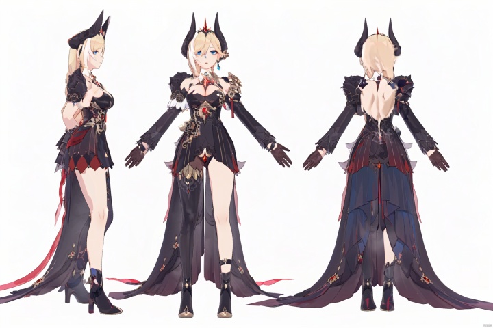  8k, best quality, masterpiece, (ultra-detailed:1.1), (high detailed skin),
(full body:1.3),
////////////////////////
dyl,1girl,blonde hair,gloves,blue eyes,horns,breasts,blackgloves,blackdress,blacksinglethighhigh,earrings,jewelry,
///////////////////////////////
clothesviews, Different clothes, Dress-up display, multiple views, looking_at_viewer,full body, back ,white background, simple background,
\\\\\\\\\\\\\\\\\\\\\\
(beautiful_face), ((intricate_detail)), clear face,
((finely_detailed)), fine_fabric_emphasis,
((glossy)), full_shot, Anime, melowh, Art style, fantasy, dyl,blonde hair,blue eyes,black gloves,black dress,black single thighhigh,wyl,
