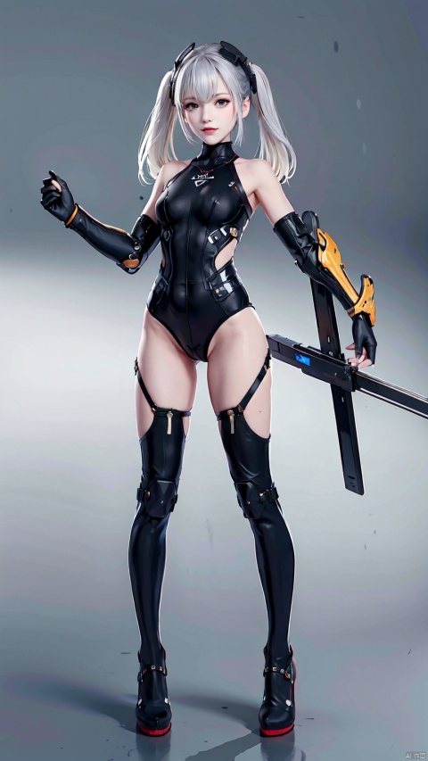  8k, best quality, masterpiece, (ultra-detailed:1.1), (high detailed skin),
(full body:1.3),
////////////////////////
jiqi, art style, 1girl, solo, weapon, holding, sword, holding weapon, yellow eyes, twintails, sheath, holding sword, white hair, long hair, standing, full body, gradient, gradient background, bodysuit, breasts, cyborg, small breasts, closed mouth, grey background, white background, katana, looking to the side, ass visible through thighs, scabbard, looking away, simple background, bangs, mechanical arms, holding sheath, shadow, thighhighs, legs apart, armor, hair between eyes, black bodysuit, mecha musume, thick eyebrows, prosthesis, science fiction, mechanical legs, prosthetic leg, gloves, gauntlets, two-tone background, single thighhigh, leotard, dual wielding, sheathed, unsheathing, asymmetrical legwear, headgear, covered navel, short eyebrows, boots, armored boots, grey bodysuit, black gloves, fighting stance, hair ornament, turtleneck, single mechanical arm, short twintails, grey hair, frown, medium hair, unsheathed, uneven legwear, english text, black leotard, messy hair, asymmetrical clothes, prosthetic arm, dated, greaves, reverse grip, robot joints, medium breasts, silhouette,
///////////////////////////////
(beautiful_face), ((intricate_detail)), clear face,
((finely_detailed)), fine_fabric_emphasis,
((glossy)), full_shot, beautiful face, Anime, fantasy, chinese clothes