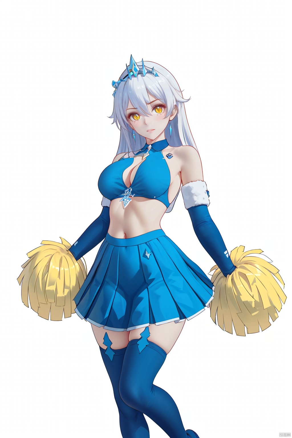  8k, best quality, masterpiece, (ultra-detailed:1.1), (high detailed skin), miyuki, Art style, clean and crisp picture, 1girl, nonomi (blue archive), breasts, solo, green eyes, pom pom (cheerleading), cheerleader, long hair, thighhighs, skirt, looking at viewer, large breasts, panties, hibiki (cheerleader) (blue archive), cleavage, white thighhighs, navel, underwear, hair bun, white background, cosplay, holding, simple background, parted lips, yellow panties, skindentation, bangs, holding pom poms, white skirt,pleated skirt, thighs, stomach, detached collar, bikini  
//////////////
nai3, 1girl, solo
\\\\\\\\\\\\\\
lindong,1girl,kiana kaslana,long hair,bare shoulders,yellow eyes,bangs,breasts,jewelry,diamond-shaped pupils,hair between eyes,(tiara,Crystal tiara,Trident tiara), melowh