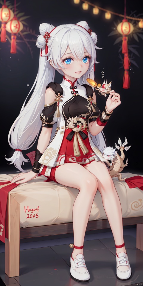  {artist:rella}, {artist:ask(askzy)},[artist:ningen_mame],artist:ciloranko, [artist:rei(sanbonzakura)],(hyper cute girl:1.1025), (flat color, vector art:1.3401), Chinese dragon theme, beautiful detailed eyes, hyper-detailed, hyper quality, eye-beautifully color, face, (her hair is shaped like a Chinese dragon, Chinese dragon, hair, Chinese dragon:1.2763), (1girl:1.2155), (high details, high quality:1.1576), (backlight:1.1576), high quality, (title:happy new year 2024:1.3), (cover design:1.2), simple background, cover art, trim, album_art, 
/, /, /, /, /, /, /, 
1girl, (chibi), xuetu, blue eyes, white hair, chinese clothes, double bun, bangs, short dress,
/, /, /, /, 
(((holding a little Chinese dragon))), (((sitting, Chinese dragon on legs))), [[smile]], large breast, dragon, (((Chinese dragon print))), (Loong:1.2), pajamas, kimono, bare shoulders, 
/, /, /, /, /, /, 
Chinese text,red_bandeau,year of the loong,loong pattern,lantern, red background, ((simple background)), ((happy new year 2024, new year theme, new year, 2024, gift box,)), (red decorations on dragon), ((Chinese new year)), Chinese knot, red ornaments, spring festival, 
/, /, /, /, /, /, /, 
hair with body, CTA dress, CAY leg, Loong hands, body with Loong, dress with Loong, light particles, (Hair with Loong:1.2155), small breast with Loong, 1girl, small breast, marbling with hair and clothes, (original:1.1025), (arm down:1.1025), (paper cutting:1.1025), 
------, 
Low saturation, grand masterpiece, Perfect composition, film light, light art
