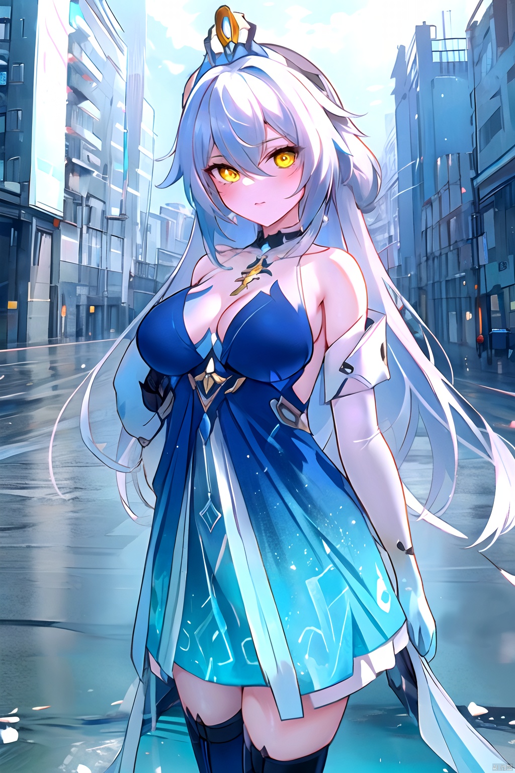  (Masterpiece) ,intricate details, outdoor,great cit,cityscape,river,white theme, lucid surface futuristic internals, a beautiful women cyborg with white long hair and iridescent eyes,a lot Embossed decorations with gold trim on suite, cowboy shot, sun light, haoche,jiqi, art style,
////////////
lindong,1girl,kiana kaslana,long hair,blue elbow gloves,bare shoulders,yellow eyes,boots,bangs,breasts,white thighhighs,jewelry,diamond-shaped pupils,hair between eyes,blue dress,tiara, haoche, 2girls,large breasts