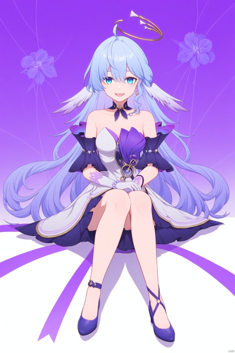  nai3, 1girl, solo, ahoge, virtual youtuber, , flower, looking at viewer, sitting, open mouth, smile,bangs,between legs, :d, hand between legs, purple background, fang, feet out of frame,haoche\\\\\\\\\\\\\\zgn,1girl,long hair,halo,blue eyes,gloves,bangs,white dress,bare shoulders,blue hair,blue footwear, zgn, figure,