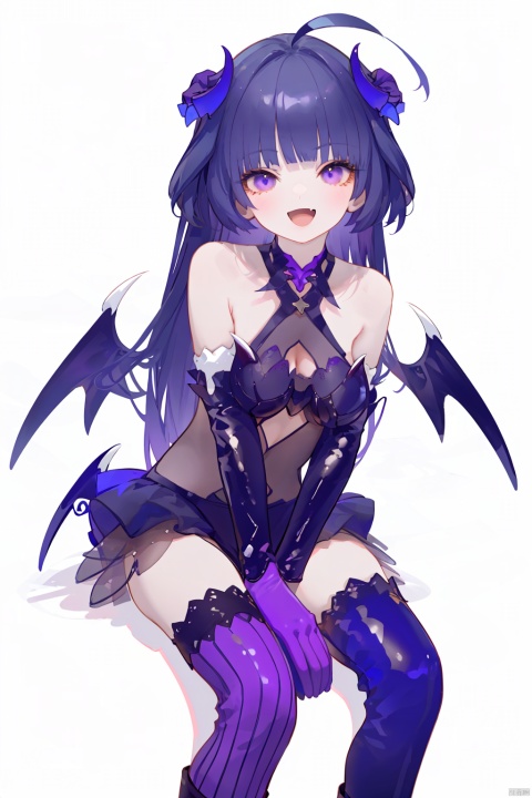  nai3, 1girl, solo, ahoge, virtual youtuber, , flower, looking at viewer, sitting, open mouth, smile,bangs,between legs, :d, hand between legs, blue background, fang, feet out of frame,haoche,violet,
\\\\\\\\\\\\\\
meimo, succubus, 1girl, gloves, raiden mei, elbow gloves, long hair, bangs, (single thighhigh:1.2), bare shoulders, breasts, purple gloves, boots, succubus wings, demon girl, masterpiece