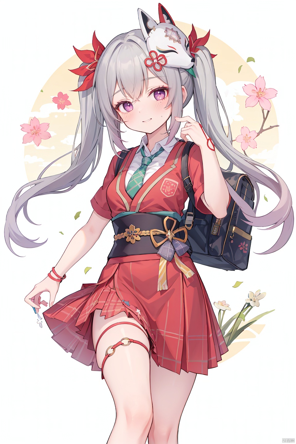  masterpiece, best quality,1girl, school uniform, alternate costume, solo, skirt, bag, necktie, multicolored hair, hair ornament, looking at viewer, blush, plaid skirt, school bag, plaid, charm (object), bag charm, cross-shaped pupils, bangs, contemporary, braid, hair between eyes, grey hair, sidelocks, jewelry, pleated skirt, green skirt, white shirt, green necktie, collared shirt, character name, female child, white background, leaf hair ornament, 

huahuo, 1girl, single_glove, mask on head, sash, black hair, twintails, purple eyes, obi, (fox mask:1.1), single glove,(Cherry blossom tattoo, chest tattoo:1.1),school_uniform,school_girl,school_uniforms