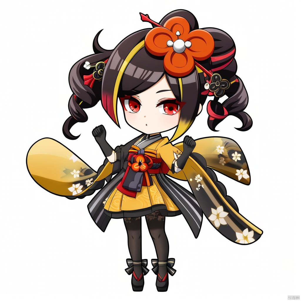  style-parody,chibi,,full_body,(masterpiece, best quality),standing,solo,(white background:1.2),simple background,
qianzhi, 1girl, gloves, black gloves, hair ornament, japanese clothes, pantyhose, kimono, red eyes, flower, black footwear, multicolored hair