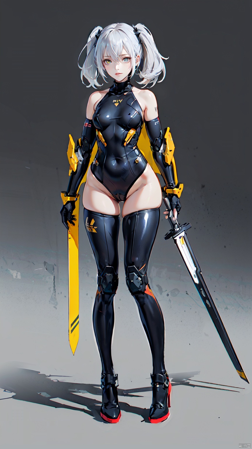  8k, best quality, masterpiece, (ultra-detailed:1.1), (high detailed skin),
(full body:1.3),
////////////////////////
jiqi, art style, 1girl, solo, weapon, holding, sword, holding weapon, yellow eyes, twintails, sheath, holding sword, white hair, long hair, standing, full body, gradient, gradient background, bodysuit, breasts, cyborg, small breasts, closed mouth, grey background, white background, katana, looking to the side, ass visible through thighs, scabbard, looking away, simple background, bangs, mechanical arms, holding sheath, shadow, thighhighs, legs apart, armor, hair between eyes, black bodysuit, mecha musume, thick eyebrows, prosthesis, science fiction, mechanical legs, prosthetic leg, gloves, gauntlets, two-tone background, single thighhigh, leotard, dual wielding, sheathed, unsheathing, asymmetrical legwear, headgear, covered navel, short eyebrows, boots, armored boots, grey bodysuit, black gloves, fighting stance, hair ornament, turtleneck, single mechanical arm, short twintails, grey hair, frown, medium hair, unsheathed, uneven legwear, english text, black leotard, messy hair, asymmetrical clothes, prosthetic arm, dated, greaves, reverse grip, robot joints, medium breasts, silhouette,
///////////////////////////////
(beautiful_face), ((intricate_detail)), clear face,
((finely_detailed)), fine_fabric_emphasis,
((glossy)), full_shot, beautiful face, Anime