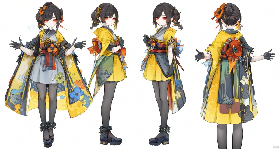  8k, best quality, masterpiece, (ultra-detailed:1.1), (high detailed skin),
,\\\\\\\\\\\\\\\\\\\\\
qianzhi, 1girl, gloves, black gloves, hair ornament, japanese clothes, pantyhose, kimono, red eyes, flower, black footwear, multicolored hair,full body,
\\\\\\\\\\\\\\\\\\\\\\\ 
, clothesviews, Different clothes, Dress-up display, multiple views, looking_at_viewer,full body, back ,white background, simple background, 
, qianzhi