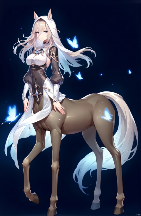  score_9, score_8_up, score_7_up, score_6_up, , 
aponia, nun, 1girl, breasts, bangs,blue eyes,long hair, hair between eyes, blue butterfly, longsleeves,veil,
jijia, 2d, anime, centaur, 1girl, taur, breasts, long hair, animal ears, monster girl, full body, multiple legs, looking at viewer, simple background, standing, horse tail, floating hair, 