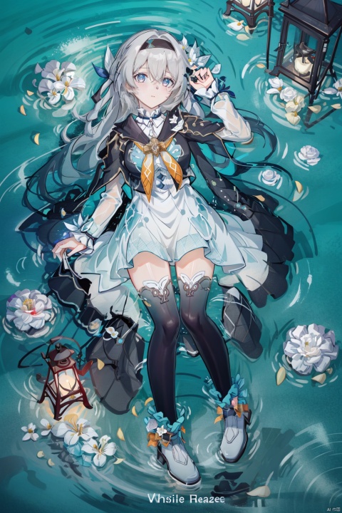  1girl, solo, thighhighs, long_hair, flower, dress, hair_ornament, lantern, water, ripples, bangs, white_flower, looking_at_viewer, full_body, black_thighhighs, copyright_name, long_sleeves, boots, white_footwear, white_dress, reflection, lying, grey_hair, 1girl,grey hair