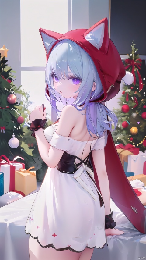  1 girl, solo, portrait, in Sexy off-the-shoulder Christmas skirt, look at viewer, blue eyes,Cool tone, Professional studio, Behind is the Christmas tree and Christmas presents, short hair, necklace, earings, elegant, , light master

(rglx:1.2), 1girl, purple eyes, red hood, cat ears hood, dress, red cape, white waist apron, Anime