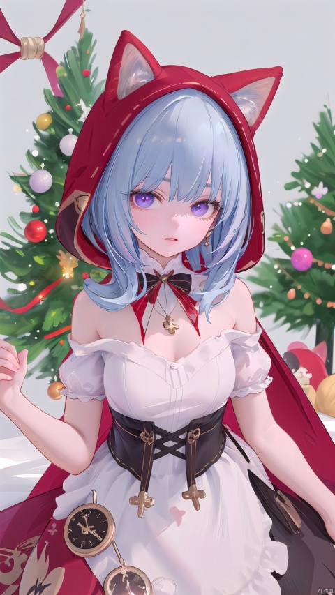  1 girl, solo, portrait, in Sexy off-the-shoulder Christmas skirt, look at viewer, blue eyes,Cool tone, Professional studio, Behind is the Christmas tree and Christmas presents, short hair, necklace, earings, elegant, , light master

(rglx:1.2), 1girl, purple eyes, red hood, cat ears hood, dress, red cape, white waist apron,
