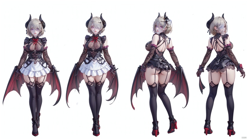  8k, best quality, masterpiece, (ultra-detailed:1.1), (high detailed skin),
(full body:1.3),
////////////////////////
bomu,1girl,rita rossweisse,horns,gloves,wings,breasts,hair over one eye,short hair,thighhighs,lower,
///////////////////////////////
clothesviews, Different clothes, Dress-up display, multiple views, looking_at_viewer,full body, back ,white background, simple background,
\\\\\\\\\\\\\\\\\\\\\\
(beautiful_face), ((intricate_detail)), clear face,
((finely_detailed)), fine_fabric_emphasis,
((glossy)), full_shot, Anime, melowh, Art style, fantasy