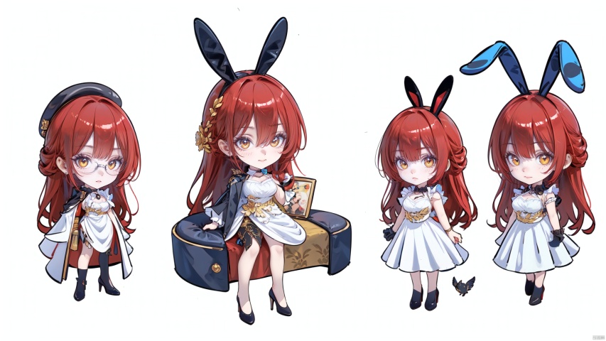  8k, best quality, masterpiece, (ultra-detailed:1.1), (high detailed skin),
(full body:1.3),
////////////////////////
jizi,def clothes,Black coat,1girl,dress,red hair,white dress,single glove,yellow eyes,long hair,bangs,blackfootwear,breasts,
///////////////////////////////
clothesviews,Differentclothes,Dress-updisplay,multipleviews,bikini,maid,t-shirt,blue_jeans,glasses,hat,bunny_suit ,white background, simple background,
\\\\\\\\\\\\\\\\\\\\\\
(beautiful_face), ((intricate_detail)), clear face,
((finely_detailed)), fine_fabric_emphasis,
((glossy)), full_shot, Anime, melowh, Art style, fantasy
