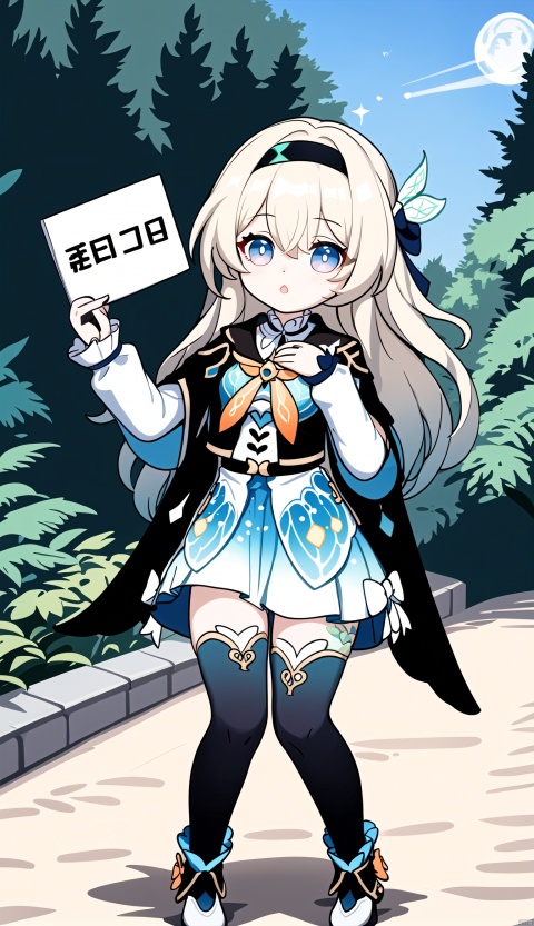  1girl, (paimon), genshin impact, chibi, flying, (holding a sign saying "Marry Me":1.2), forest as background, (masterpiece:1.2), (best quality:1.2), newest, ai-generated, intricate details

liuying,def clothe,1girl,black thighhighs,blue eyes,hairband,long hair,blackhairband,fingerlessgloves,skirt, figure
