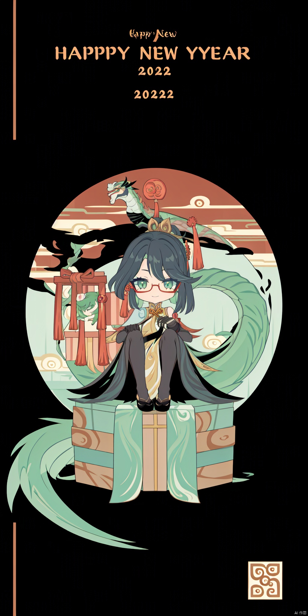  {artist:rella}, {artist:ask(askzy)},[artist:ningen_mame],artist:ciloranko, [artist:rei(sanbonzakura)],(hyper cute girl:1.1025), (flat color, vector art:1.3401), Chinese dragon theme, beautiful detailed eyes, hyper-detailed, hyper quality, eye-beautifully color, face, (her hair is shaped like a Chinese dragon, Chinese dragon, hair, Chinese dragon:1.2763), (1girl:1.2155), (high details, high quality:1.1576), (backlight:1.1576), high quality, (title:happy new year 2024:1.3), (cover design:1.2), simple background, cover art, trim, album_art, 
/, /, /, /, /, /, /, 
1girl, (chibi), xianyun, 1girl, chinese clothes, (ponytail, hair stick,hair ornament), glasses, jewelry, earrings, multicolored hair, black hair, dress, standing, gloves, green hair, red-framed eyewear, black pantyhose,
/, /, /, /, 
(((holding a little Chinese dragon))), (((sitting, Chinese dragon on legs))), [[smile]], large breast, dragon, (((Chinese dragon print))), (Loong:1.2), pajamas, kimono, bare shoulders, 
/, /, /, /, /, /, 
Chinese text,red_bandeau,year of the loong,loong pattern,lantern, red background, ((simple background)), ((happy new year 2024, new year theme, new year, 2024, gift box,)), (red decorations on dragon), ((Chinese new year)), Chinese knot, red ornaments, spring festival, 
/, /, /, /, /, /, /, 
hair with body, CTA dress, CAY leg, Loong hands, body with Loong, dress with Loong, light particles, (Hair with Loong:1.2155), small breast with Loong, 1girl, small breast, marbling with hair and clothes, (original:1.1025), (arm down:1.1025), (paper cutting:1.1025), 
------, 
Low saturation, grand masterpiece, Perfect composition, film light, light art
