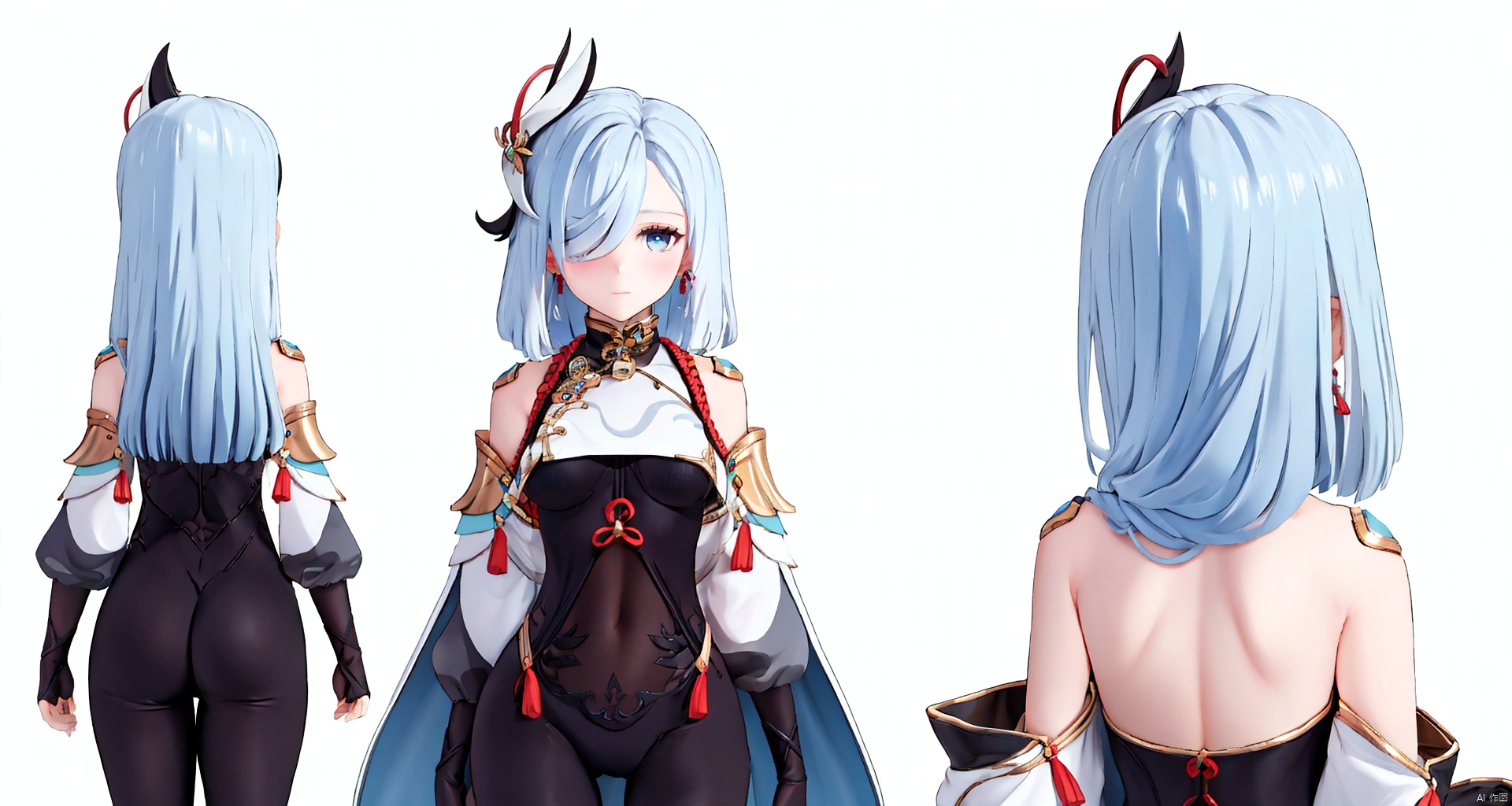  8k, best quality, masterpiece, (ultra-detailed:1.1), (high detailed skin),
,\\\\\\\\\\\\\\\\\\\\\
shenhe,shenhe \(genshin impact\), silver long hair, hair ornament,bodysuit,breasts contain,blue eyes, braid, earrings, gloves, hair ornament, (hair over one eye:1.2), jewelry, long hair,medium breasts,navel,
\\\\\\\\\\\\\\\\\\\\\\\ 
, clothesviews, Different clothes, Dress-up display, multiple views, looking_at_viewer,full body, back ,white background, simple background, 
, shenhe