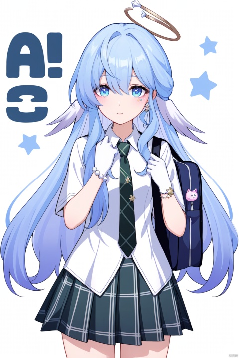  nai3,masterpiece, best quality,1girl, alternate costume, solo, bag, looking at viewer, blush, plaid, charm (object), bag charm, bangs, contemporary, sidelocks, jewelry, character name, female woman, white background, \\\\\\\\\ nai3, masterpiece, best quality,1girl, school uniform, alternate costume, solo, skirt, bag, necktie, multicolored hair, looking at viewer, blush, plaid skirt, school bag, plaid, charm (object), bag charm, sidelocks, jewelry, pleated skirt, green skirt, white shirt, green necktie, collared shirt, character name, female child, white background,school_uniform,school_girl,school_uniforms, \\\\\\\\\\\, zgn,1girl,long hair,halo,blue eyes,gloves,bangs,blue hair,white dress