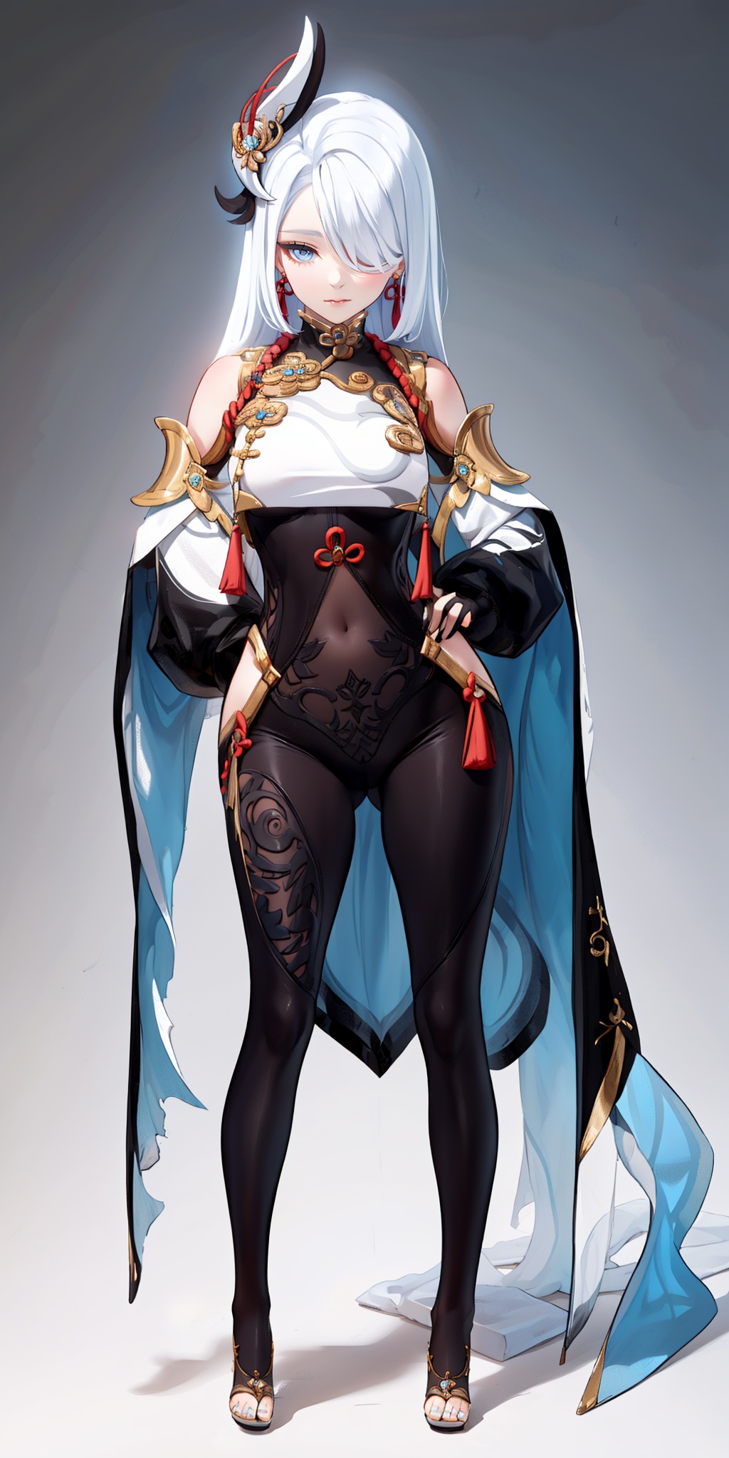  masterpiece, best quality, shenhe,shenhe \(genshin impact\), full body, silver long hair, hair ornament,bodysuit,breasts contain,blue eyes, braid, earrings, gloves, hair ornament, (hair over one eye:1.2), jewelry, long hair, looking at viewer, medium breasts, navel,solo,
grey background, full_body,high heels, 1girl, shenhe, chinese clothes