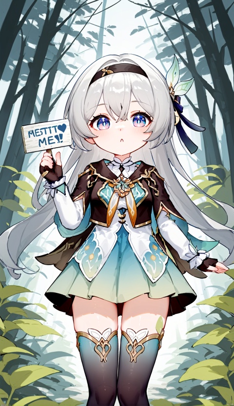  1girl, (paimon), genshin impact, chibi, flying, (holding a sign saying "Marry Me":1.2), forest as background, (masterpiece:1.2), (best quality:1.2), newest, ai-generated, intricate details

liuying,def clothe,1girl,black thighhighs,blue eyes,hairband,long hair,blackhairband,fingerlessgloves,skirt, figure