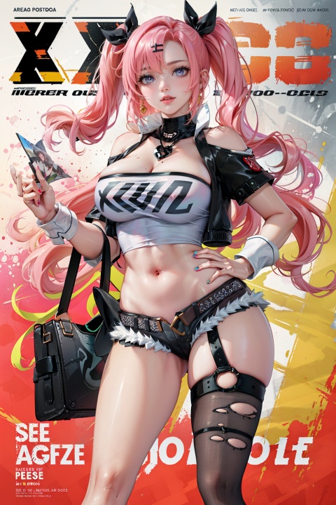  (best quality), (ultra detailed), ((masterpiece)), sfw,consored,illustration, ray tracing,contrapposto, female focus,model, 
///////////////////
nike, 1girl, large breasts, hair ribbon, twintails, pink hair, tube top, midriff, black shorts, (single thighhigh:1.2),
//////////////////////////
sexy, fine fabric emphasis,wall paper, crowds, fashion, Lipstick, depth of field, street, in public,(Magazine cover:1.2),(title),(Magazine cover-style illustration of a fashionable woman), posing in front of a colorful and dynamic background. (The text on the cover should be bold and attention-grabbing, with the title of the magazine and a catchy headline). ,olyaya