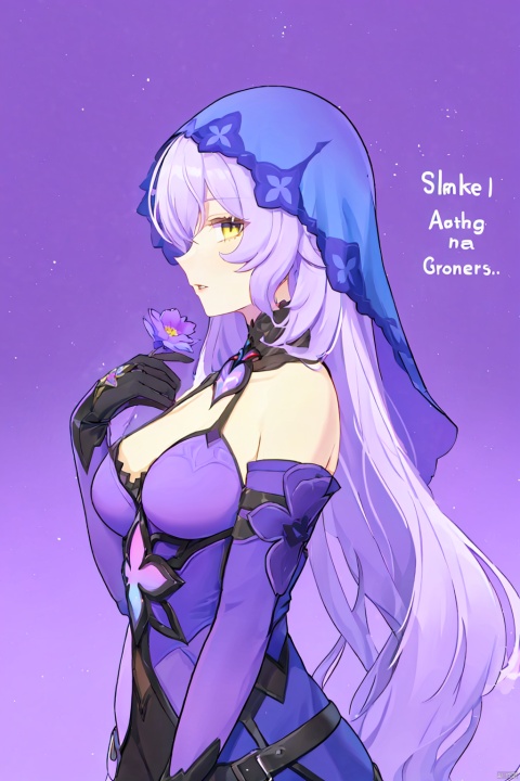  Revised sentence: "A solo girl . She has parted lips and is looking at the viewer from the side profile while standing against a simple purple background with a purple flower. Her upper body, which has English text on it. Additionally, she has bangs and another hair flower."
hte,1girl,long hair,boots,purple hair,black gloves,veil,cleavage,pantyhose,large breasts,shorts,yellow eyes, 2girls