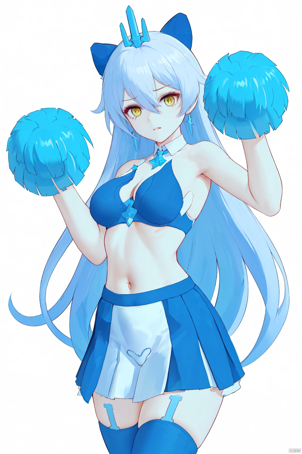  8k, best quality, masterpiece, (ultra-detailed:1.1), (high detailed skin), miyuki, Art style, clean and crisp picture, 1girl, nonomi (blue archive), breasts, solo, green eyes, pom pom (cheerleading), cheerleader, long hair, thighhighs, skirt, looking at viewer, large breasts, panties, hibiki (cheerleader) (blue archive), cleavage, white thighhighs, navel, underwear, hair bun, white background, cosplay, holding, simple background, parted lips, yellow panties, skindentation, bangs, holding pom poms, white skirt,pleated skirt, thighs, stomach, detached collar, bikini  
//////////////
nai3, 1girl, solo
\\\\\\\\\\\\\\
lindong,1girl,kiana kaslana,long hair,bare shoulders,yellow eyes,bangs,breasts,jewelry,diamond-shaped pupils,hair between eyes,head ring, melowh