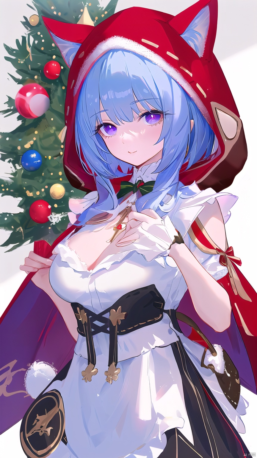  1 girl, solo, portrait, in Sexy off-the-shoulder Christmas skirt, look at viewer, blue eyes,Cool tone, Professional studio, Behind is the Christmas tree and Christmas presents, short hair, necklace, earings, elegant, , light master

(rglx:1.2), 1girl, purple eyes, red hood, cat ears hood, dress, red cape, white waist apron, Anime