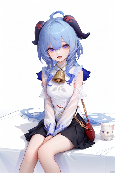  nai3, 1girl, solo, ahoge, virtual youtuber, , flower, looking at viewer, sitting, open mouth, smile,bangs,between legs, :d, hand between legs, blue background, fang, feet out of frame,haoche,violet,flowers
\\\\\\\\\\\\\\
ganyumilk, white and black skirt, (horns:0.8), long hair, blue hair, purple eyes, bangs, bag, bell,sidelocks,