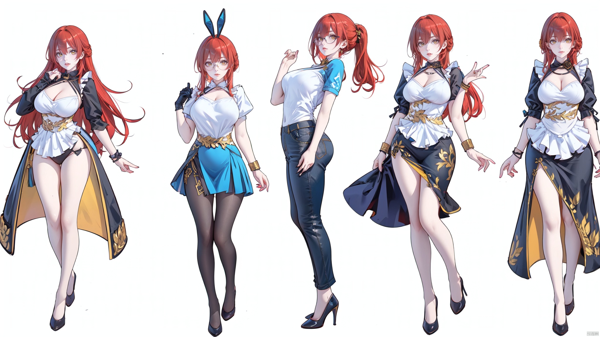  8k, best quality, masterpiece, (ultra-detailed:1.1), (high detailed skin),
(full body:1.3),
////////////////////////
jizi,1girl,red hair,yellow eyes,long hair,bangs,breasts,
///////////////////////////////
clothesviews,Differentclothes,Dress-updisplay,multipleviews,maid,t-shirt,blue_jeans,glasses,bunny_suit ,sports_uniform,nurse,white background, simple background,
\\\\\\\\\\\\\\\\\\\\\\
(beautiful_face), ((intricate_detail)), clear face,
((finely_detailed)), fine_fabric_emphasis,
((glossy)), full_shot, Anime, melowh, Art style, fantasy