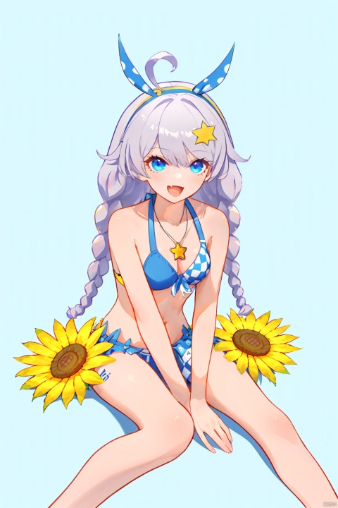  nai3, 1girl,  solo,  ahoge, virtual youtuber, , flower,  looking at viewer, sitting, open mouth, smile,bangs,between legs, sunflower,  :d, hand between legs, blue background, fang,  feet out of frame,haoche
\\\\\\\\\\\\\\
yz, swimsuit, blue eyes, bikini, long hair, sunflower, twin braids, braid, necklace, hair