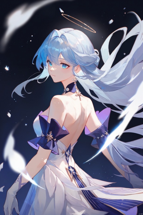  score_9, score_8_up, score_7_up, score_6_up,
zgn,1girl,long hair,halo,blue eyes,gloves,bangs,white dress,bare shoulders,blue hair,blue footwear,upper body,
jijia, 2d, anime, 1girl, solo, wind,dark background,Gap translucent background, backlight effect, blue ambient light,glowing,glow in the dark
