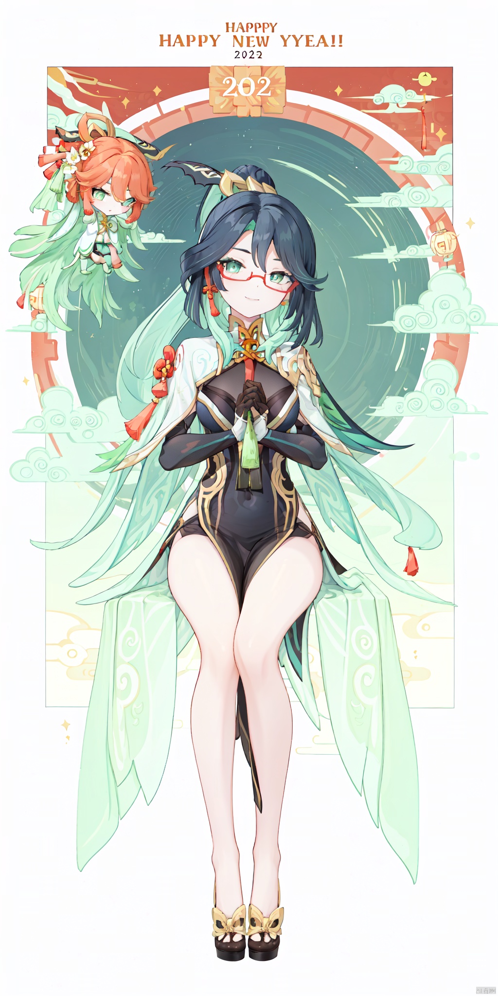  {artist:rella}, {artist:ask(askzy)},[artist:ningen_mame],artist:ciloranko, [artist:rei(sanbonzakura)],(hyper cute girl:1.1025), (flat color, vector art:1.3401), Chinese dragon theme, beautiful detailed eyes, hyper-detailed, hyper quality, eye-beautifully color, face, (her hair is shaped like a Chinese dragon, Chinese dragon, hair, Chinese dragon:1.2763), (1girl:1.2155), (high details, high quality:1.1576), (backlight:1.1576), high quality, (title:happy new year 2024:1.3), (cover design:1.2), simple background, cover art, trim, album_art, 
/, /, /, /, /, /, /, 
1girl, (chibi), xianyun, 1girl, chinese clothes, (ponytail, hair stick,hair ornament), glasses, jewelry, earrings, multicolored hair, black hair, dress, standing, gloves, green hair, red-framed eyewear, black pantyhose,
/, /, /, /, 
(((holding a little Chinese dragon))), (((sitting, Chinese dragon on legs))), [[smile]], large breast, dragon, (((Chinese dragon print))), (Loong:1.2), pajamas, kimono, bare shoulders, 
/, /, /, /, /, /, 
Chinese text,red_bandeau,year of the loong,loong pattern,lantern, red background, ((simple background)), ((happy new year 2024, new year theme, new year, 2024, gift box,)), (red decorations on dragon), ((Chinese new year)), Chinese knot, red ornaments, spring festival, 
/, /, /, /, /, /, /, 
hair with body, CTA dress, CAY leg, Loong hands, body with Loong, dress with Loong, light particles, (Hair with Loong:1.2155), small breast with Loong, 1girl, small breast, marbling with hair and clothes, (original:1.1025), (arm down:1.1025), (paper cutting:1.1025), 
------, 
Low saturation, grand masterpiece, Perfect composition, film light, light art
