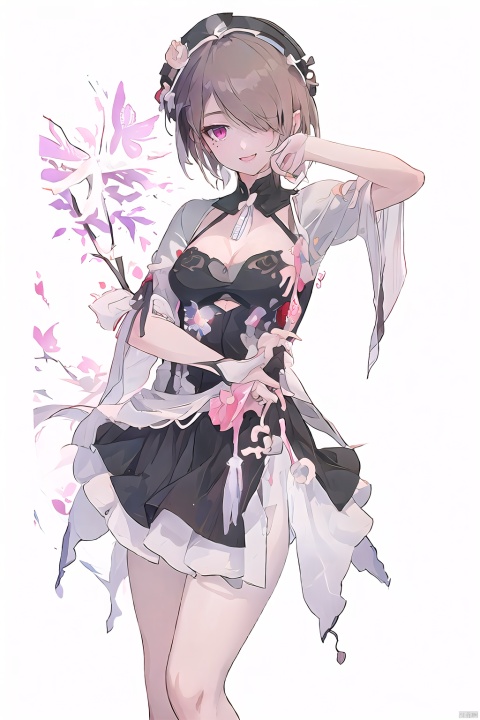 best,8k,UHD,masterpiece,bright ,high quality,flat color,1girl,
//////////////
Anime girl holding a red lotus flower. There are white butterflies and black butterflies flying around her, and there is a cobweb on her arm. The background is dark with many black leaves scattered around.
\\\\\\\\\\\
“Girl_in_the_Spider’s_Web”
white_and_purple_butterfly_accessories,
white_butterflies,
cobweb_background,
gothic,
surreal,
fantasy,
manga,
dark_romantic,
\\\\\\\\\\\\\\
aqw,rita rossweisse,1girl,hair over one eye,breasts,short hair,cleavage,rose,pantyhose,flower,mole under eye,brown hair,
\\\\\\\\
best quality,highly detailed,dancing , dancedress, smile,headwear, see_through, Chinese architecture, dancedress,depth_of_field , MIX4,