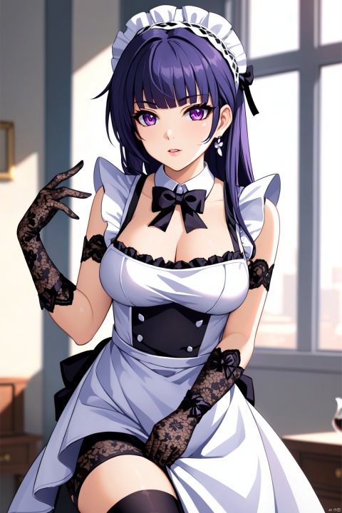  quality,masterpiece, aiden mei, 1girl, long hair, purple eyes, purple hair,bangs,Maid outfit,Maid Dress, apron, lace headband, knee-high socks, lace gloves, bow tie, 


