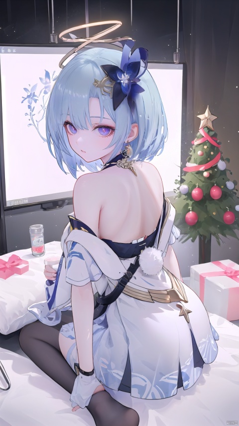  1 girl, solo, portrait, in Sexy off-the-shoulder Christmas skirt, look at viewer, blue eyes,Cool tone, Professional studio, Behind is the Christmas tree and Christmas presents, short hair, necklace, earings, elegant, , light master

dglx, 1girl, gloves, purple eyes, blue hair, , Anime, nai3
