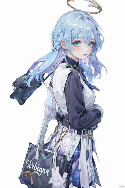  masterpiece, best quality,1girl, alternate costume, solo, bag, looking at viewer, blush, plaid, charm (object), bag charm, bangs, contemporary, sidelocks, jewelry, character name, female woman, white background, 
\\\\\\\\\
nai3, masterpiece, best quality,1girl, school uniform, alternate costume, solo, skirt, bag, necktie, multicolored hair,  looking at viewer, blush, plaid skirt, school bag, plaid, charm (object), bag charm, sidelocks, jewelry, pleated skirt, green skirt, white shirt, green necktie, collared shirt, character name, female child, white background,school_uniform,school_girl,school_uniforms,
\\\\\\\\\\\,
zgn,1girl,long hair,halo,blue eyes,gloves,bangs,blue hair,
