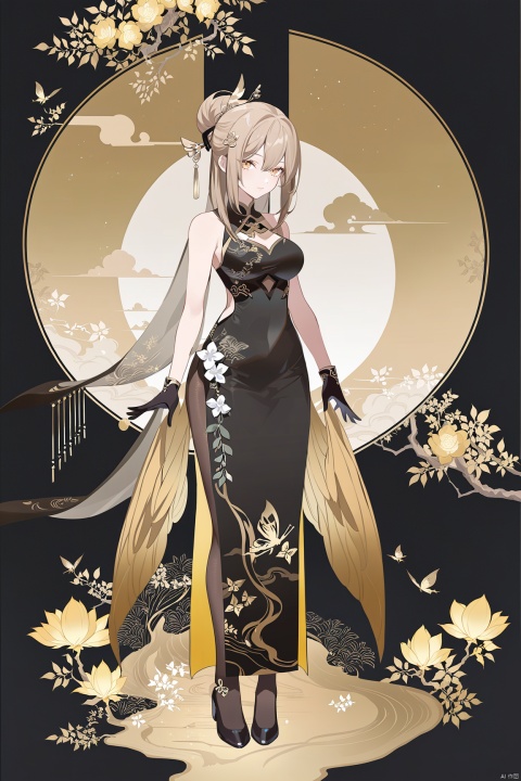  line art,line style,as style,best quality,masterpiece,
 The image features a Q version of cute cartoon girl wearing ancient costume, simple pattern, full body portrait, standing pose, legs straight, hands on both sides, minimalist painter style, ancient Chinese style, vector illustration, clean background
(aponia, china dress, qipao), 1girl, golden style, hair ornament, bangs, black footwear, pantyhose, black gloves,golden Chestscarf,