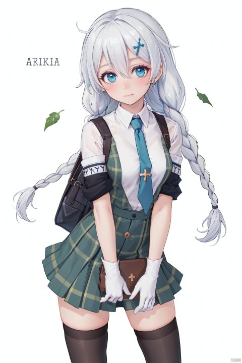 masterpiece, best quality,1girl, school uniform, alternate costume, solo, skirt, bag, necktie, multicolored hair, hair ornament, looking at viewer, blush, plaid skirt, school bag, plaid, charm (object), bag charm, cross-shaped pupils, bangs, contemporary, braid, hair between eyes, grey hair, sidelocks, jewelry, pleated skirt, green skirt, white shirt, green necktie, collared shirt, character name, female child, white background, leaf hair ornament, 

shennv, 1girl, braid, thighhighs, long hair, blue eyes, twin braids, gloves, white thighhighs, kiana kaslana, white gloves,