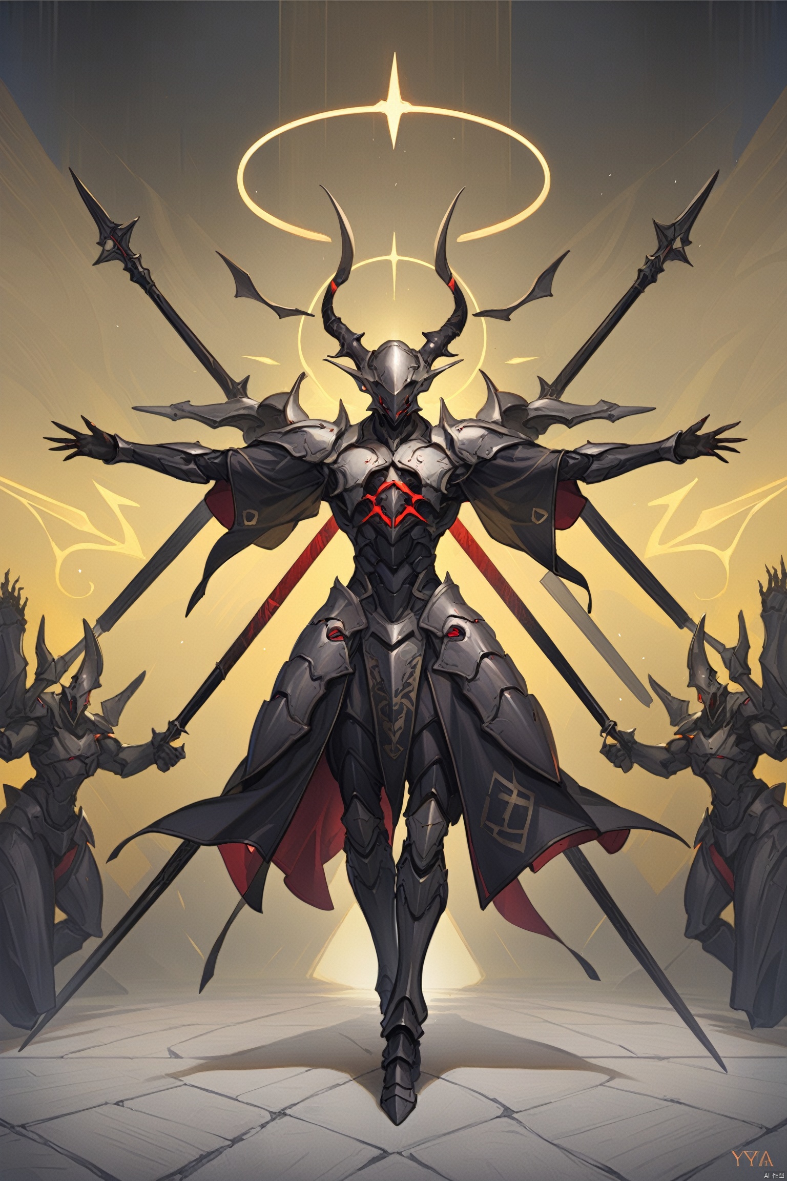  best quality,masterpiece,jijia, 2d, anime, solo, halo, weapon, armor, extra arms, polearm, floating, outstretched arms, helmet, open hands, no humans, spear, full body, full armor,a painting of a demon with five arms,a drawing of a dark character standing in front of a symbol, yyy