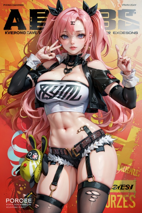 (best quality), (ultra detailed), ((masterpiece)), sfw,consored,illustration, ray tracing,contrapposto, female focus,model, 
///////////////////
nike, 1girl, large breasts, hair ribbon, twintails, pink hair, tube top, midriff, black shorts, (single thighhigh:1.2),
//////////////////////////
sexy, fine fabric emphasis,wall paper, crowds, fashion, Lipstick, depth of field, street, in public,(Magazine cover:1.2),(title),(Magazine cover-style illustration of a fashionable woman), posing in front of a colorful and dynamic background. (The text on the cover should be bold and attention-grabbing, with the title of the magazine and a catchy headline). ,olyaya